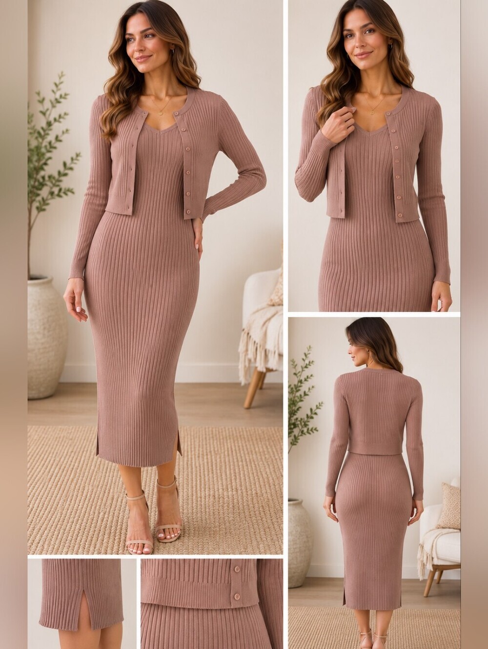 Pink Rose Ribbed Sweater Knit Dress & Cardigan Set Small Taupe Stretch Midi 2-Pc